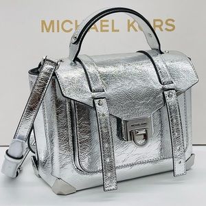 Michael Kors Medium Manhattan Leather Satchel Crossbody Bag Silver